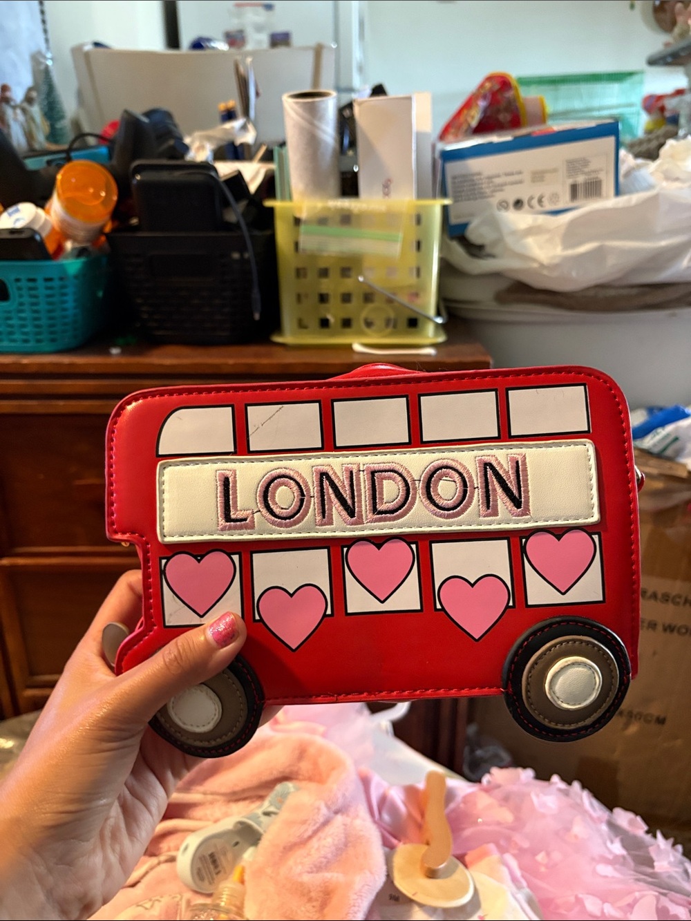 Red London Double-Decker Bus Wristlet with Pink Hearts
